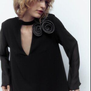 ZARA Black Chiffon Top with Embellished Flower Detail Size S NEW WITH TAG!